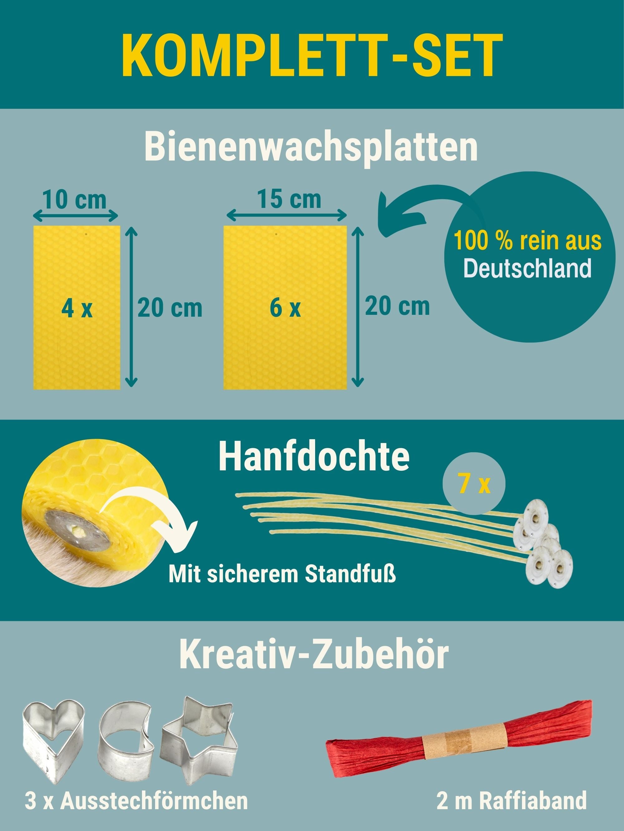 Bienenwachskerzen selber machen, DIY-Bastelset mit 10 Bienewachsplatten, Hanfdochten, Ausstechförmchen & Raffia-Bast ,